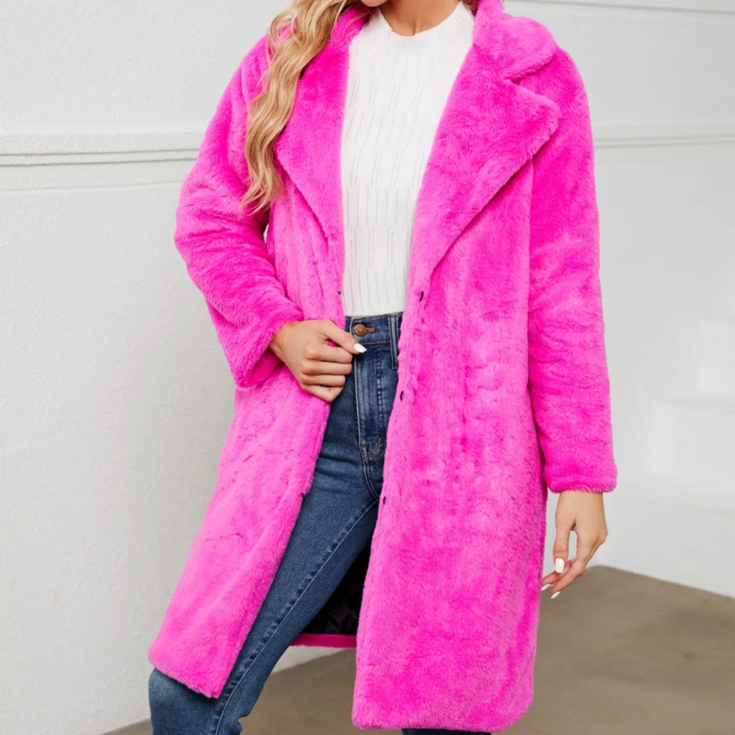 Женское зимнее пальто с открытым передом, модель Furry Jackets Sweaters, Hot Pink — фото 2