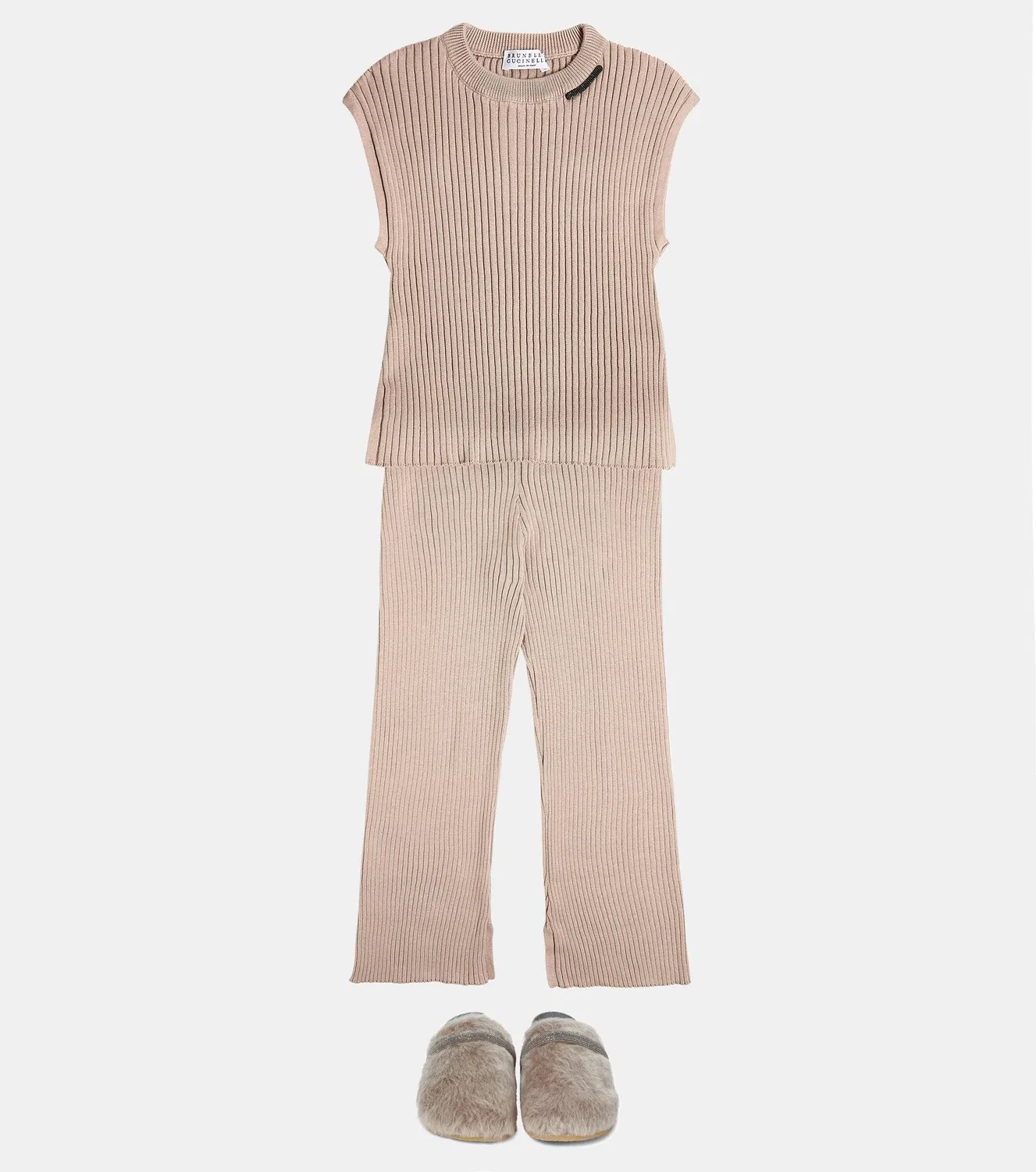 Брюки из хлопкового трикотажа в рубчик Brunello Cucinelli Kids, бежевый — фото 2