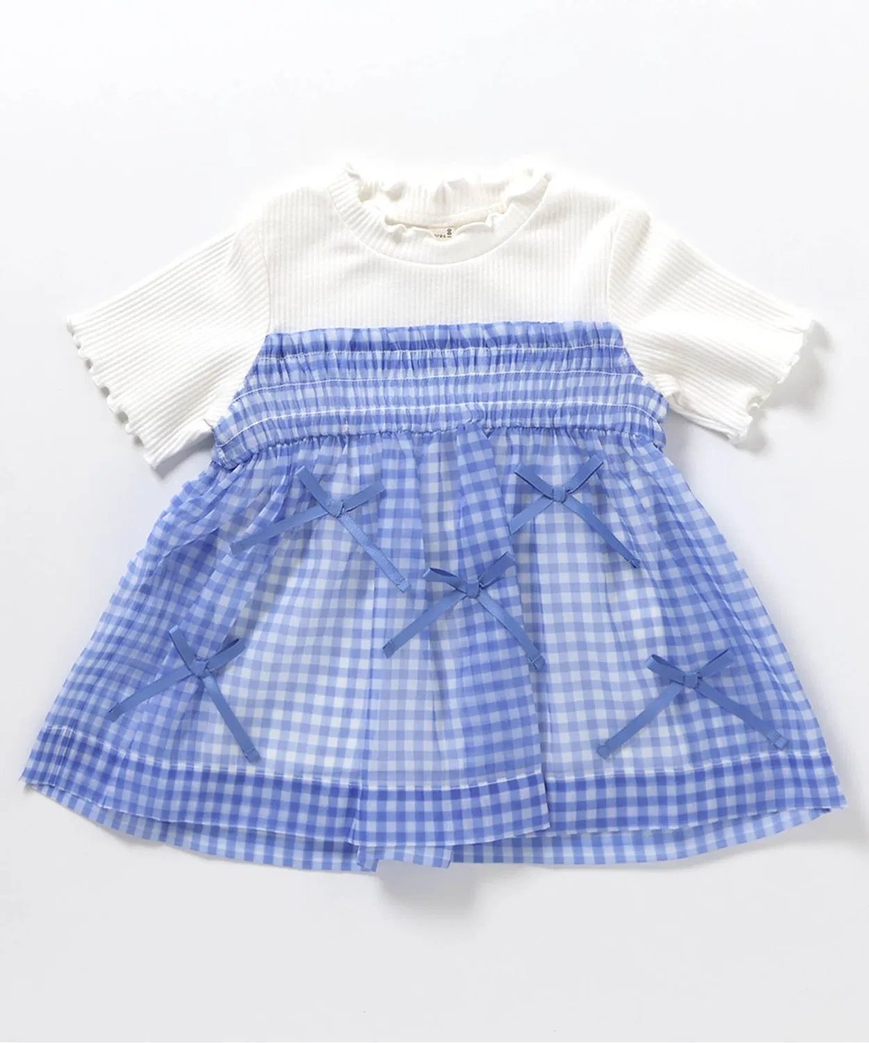 Детская футболка с принтом в клетку и рукавом-фонарик, модель Shiring Ribbon, apres les cours, Blue