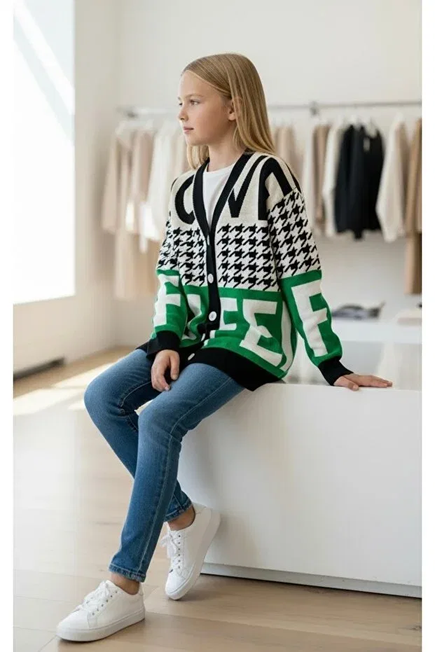 Детский кардиган для девочек с принтом Letter and Pattern Minimoda Kids, Ecru-Green — фото 2