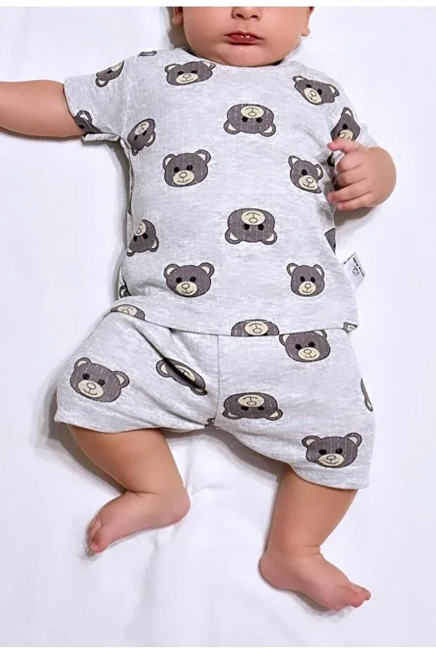 Детский комплект пижам с коротким рукавом и шортами Teddy Bear Pattern Printed Drop Kids, Gri