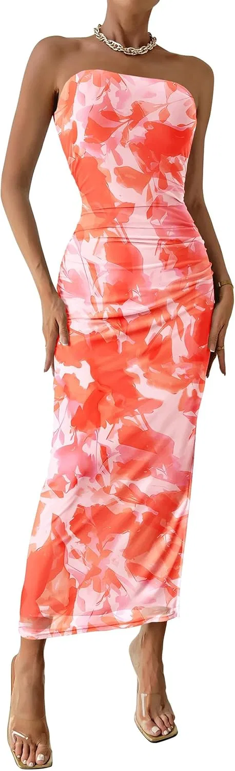 Женское летнее макси-платье bodycon с принтом Strapless Tube Top, Print Light Orange