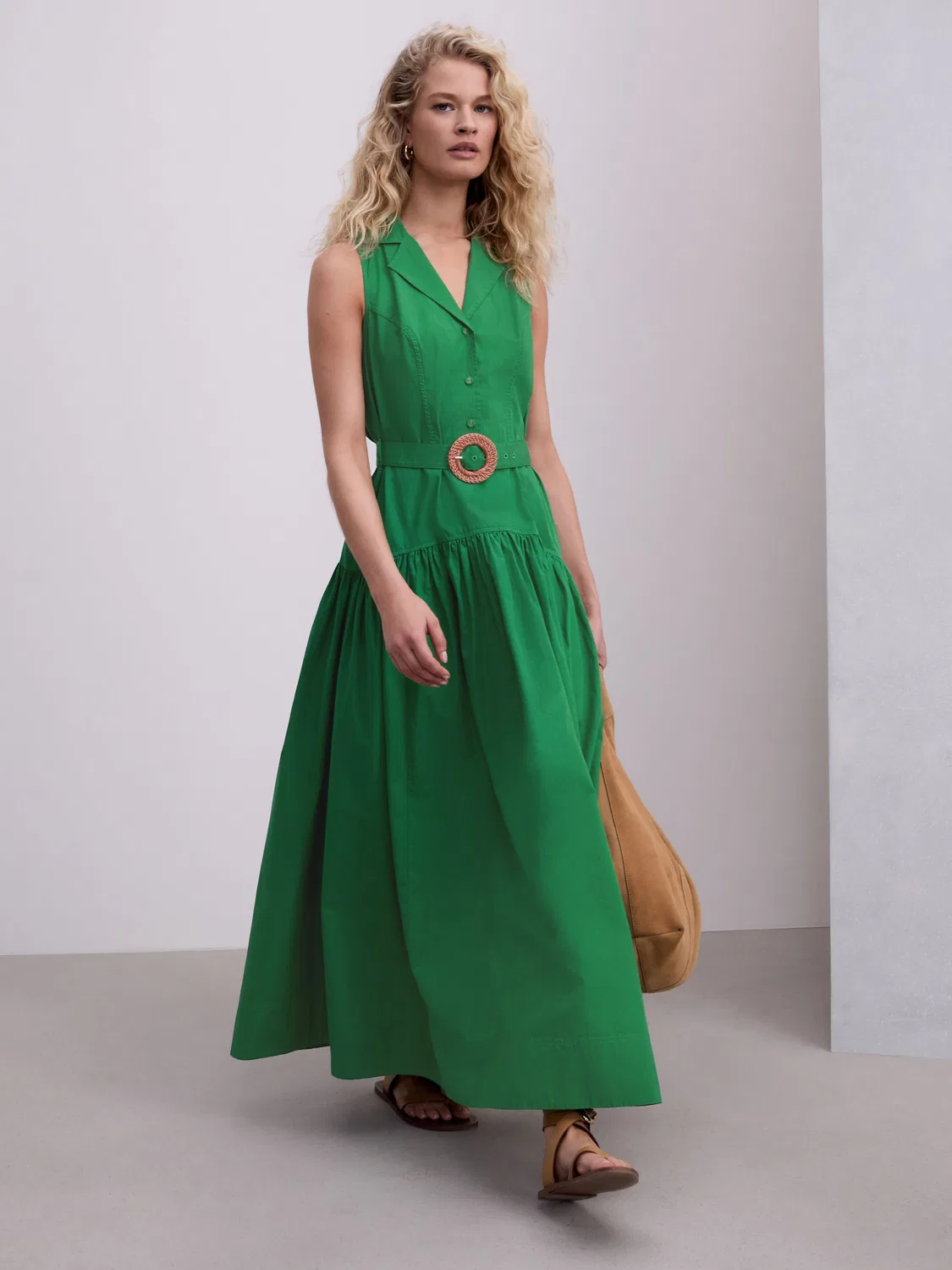 Платье-рубашка миди с поясом, Green Cotton Sleeveless Midi Belted Shirt Dress Next, зеленый
