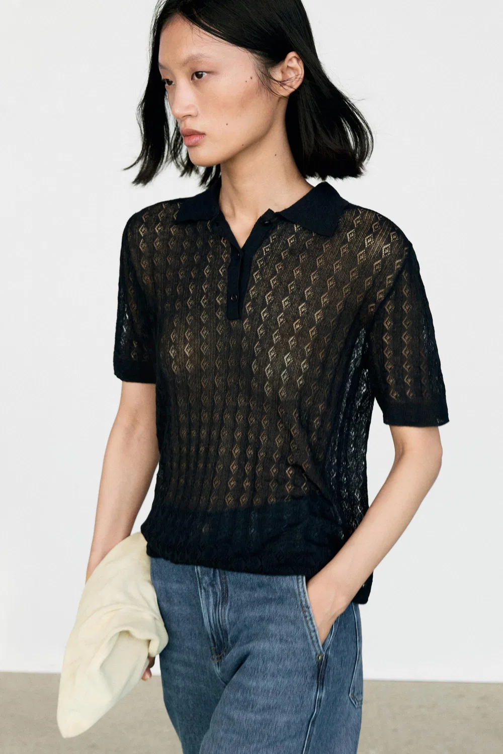 Поло-свитер Massimo Dutti Open-Knit, темно-синий