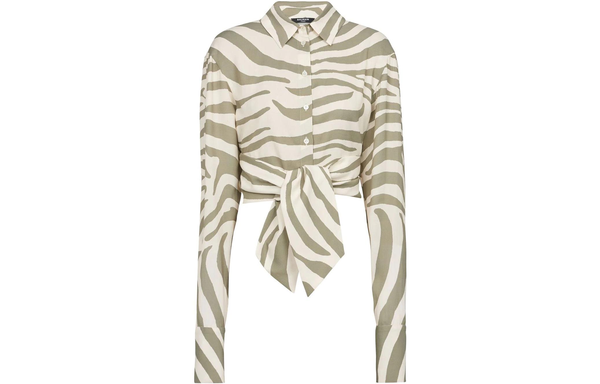 Приталенная укороченная рубашка с принтом animal BALMAIN, зеленый — фото 3