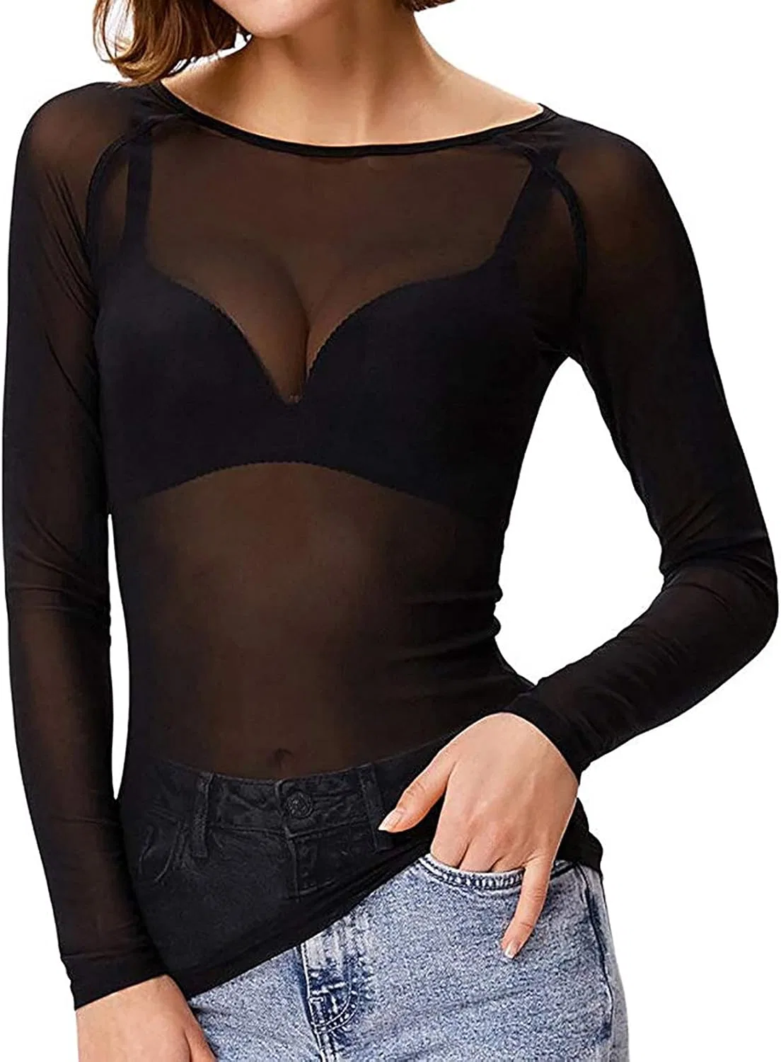 Женская полупрозрачная футболка с длинным рукавом Mesh, Black