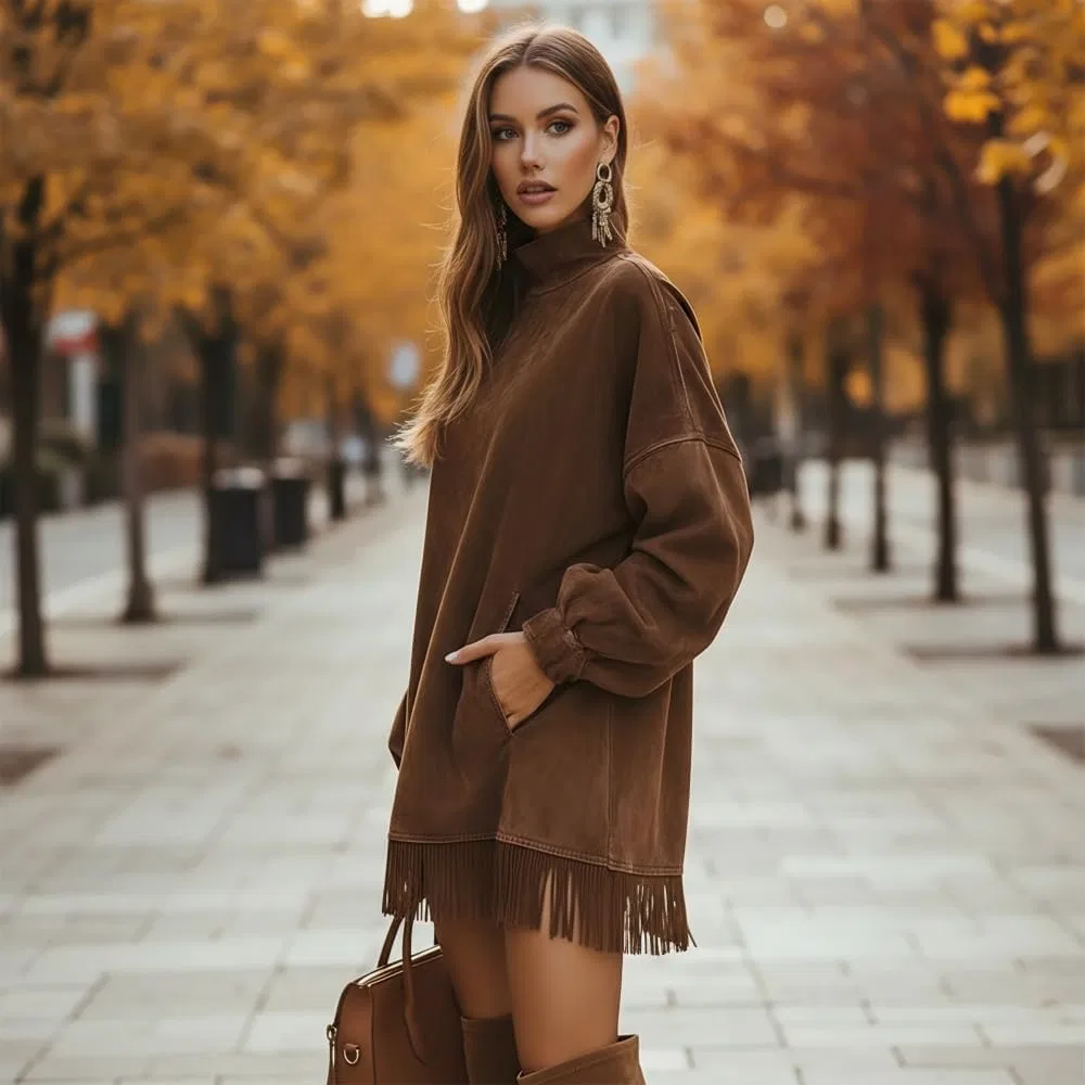 Женское мини-платье с бахромой из искусственной замши Generic, Brown — фото 2