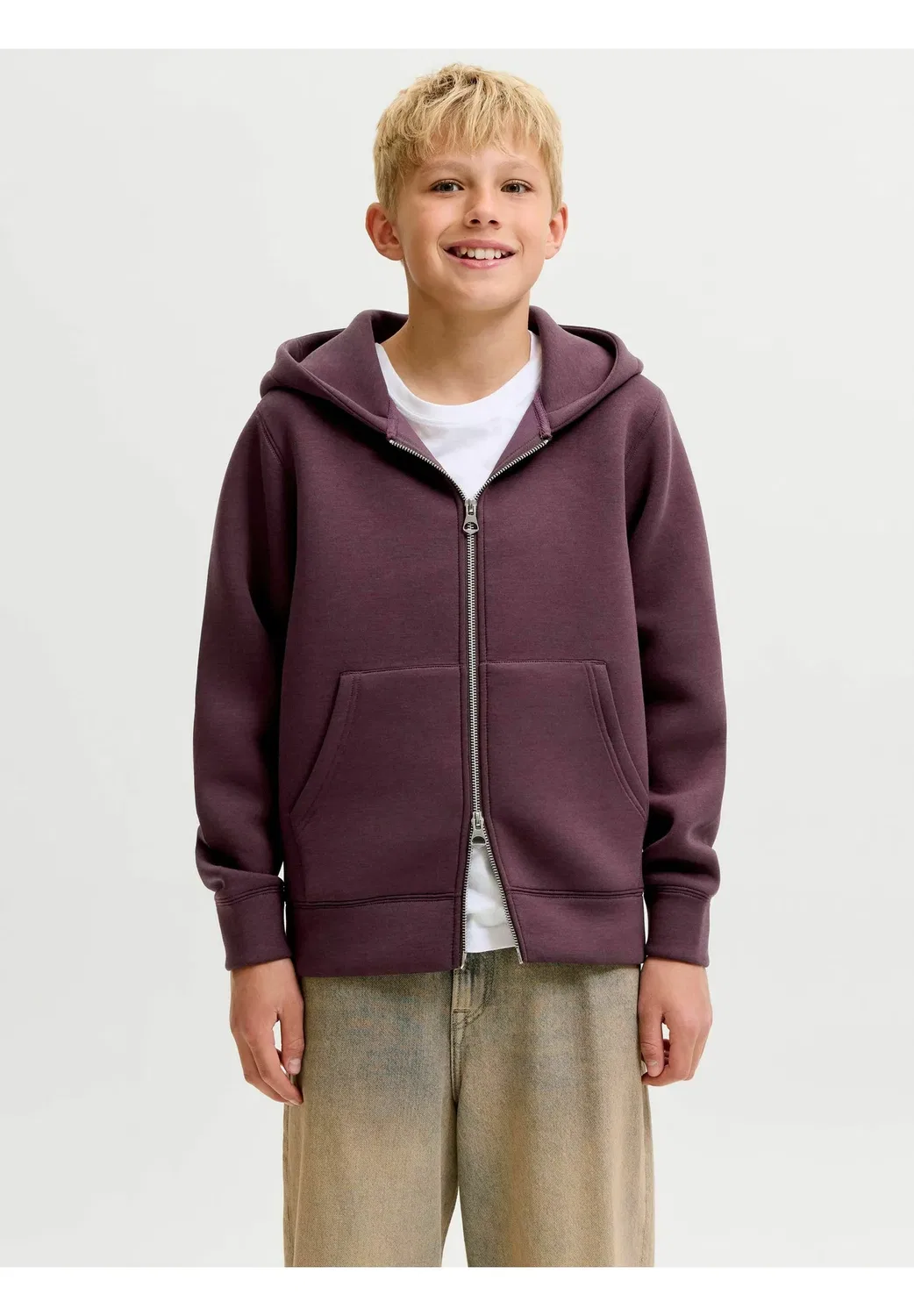 Толстовка с капюшоном, однотонная, для подростков - на молнии Jack & Jones Junior, Fudge — фото 2