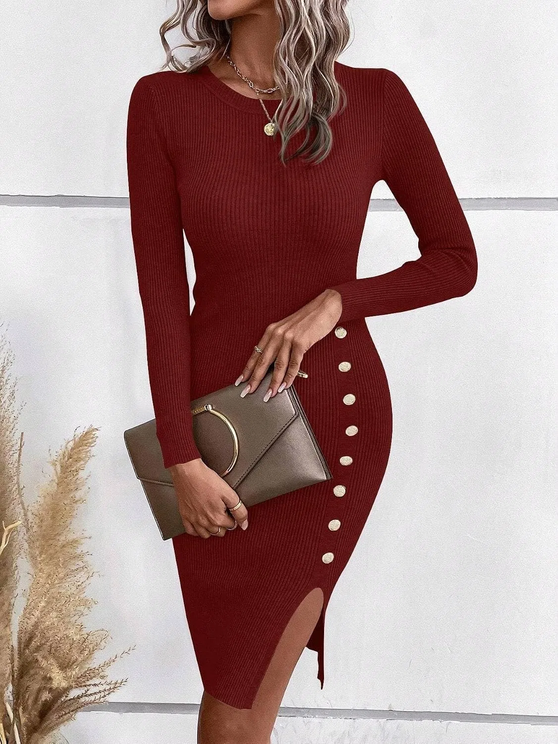 Женское короткое платье-свитер с круглым вырезом Bodycon, Burgundy — фото 4