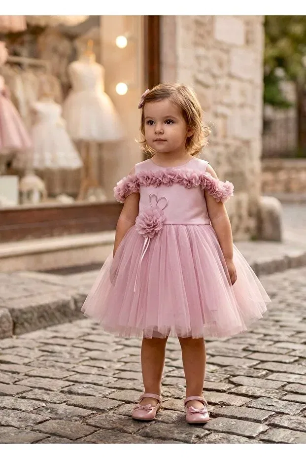 Детское платье для девочек с открытыми плечами Rose Detailed Miaras Baby, Rose Dried — фото 2