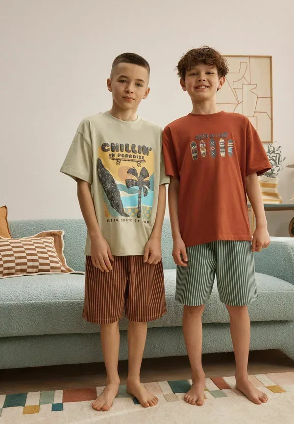 Пижама из хлопка, Regular fit, shorts pyjamas 2 pack, Next, Rust Red Ecru Skater, красный