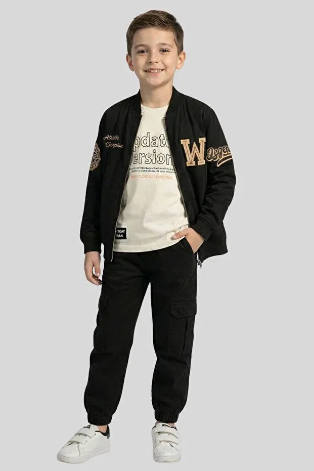 Детская куртка-бомбер для девочек с принтом Embroidery detailed college bomber jacket style for stylish kids Ww Waka Waka Kids Store, Black — фото 3