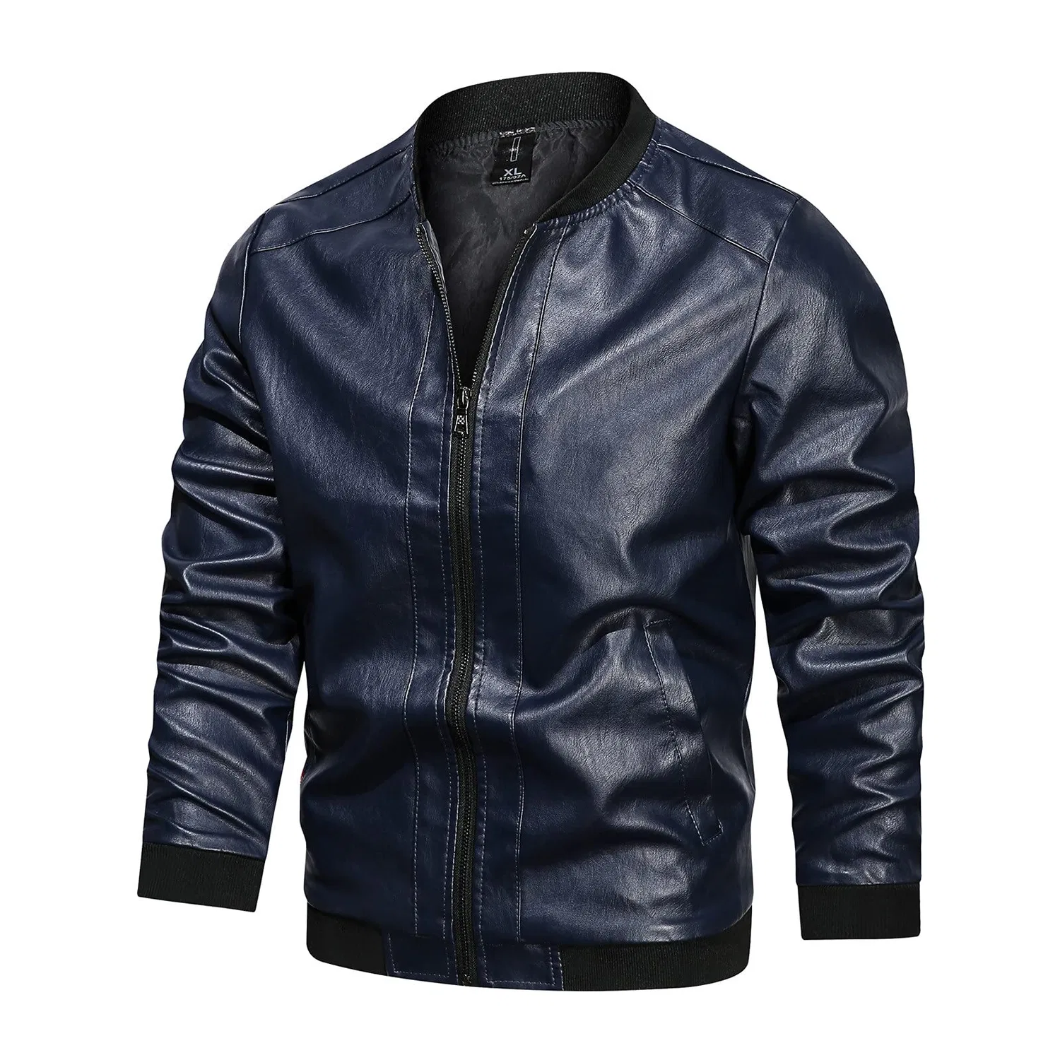 Мужская куртка из экокожи с воротником-стойкой Retro Winter Jacket, Zzzz01-Dark Blue — фото 2