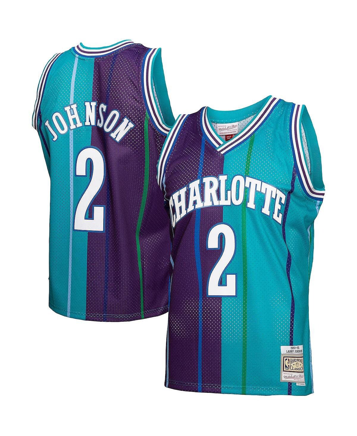 

Мужская футболка larry johnson teal, purple charlotte hornets hardwood classics 1992-93 split swingman jersey Mitchell & Ness, мульти