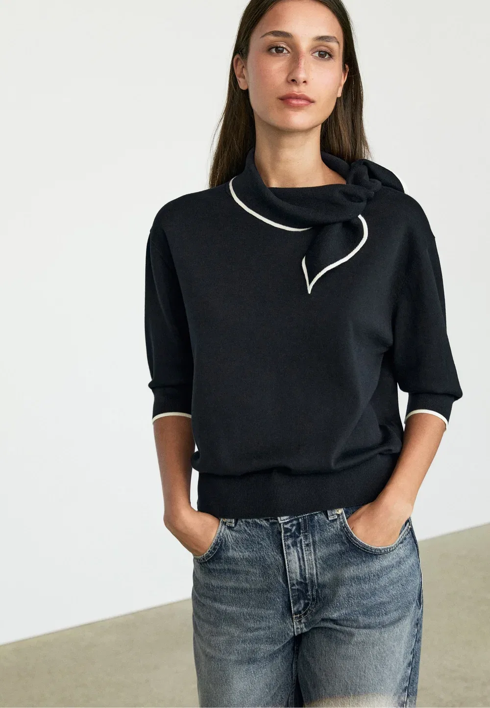 Вязаный свитер из 100% хлопка с отделкой в виде шарфа Massimo Dutti, Dark Blue