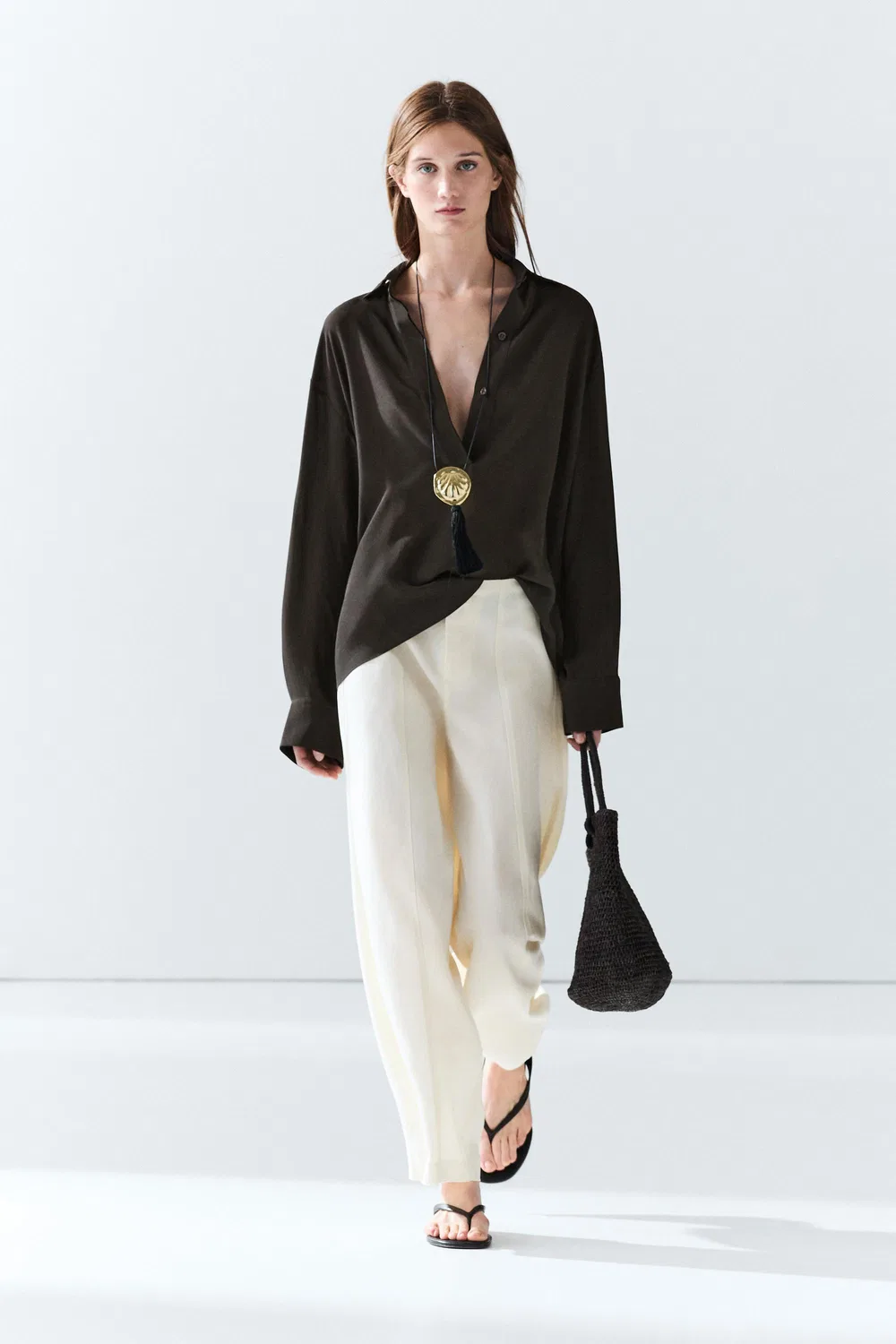 Рубашка Massimo Dutti, свободный крой, шоколадно-коричневый