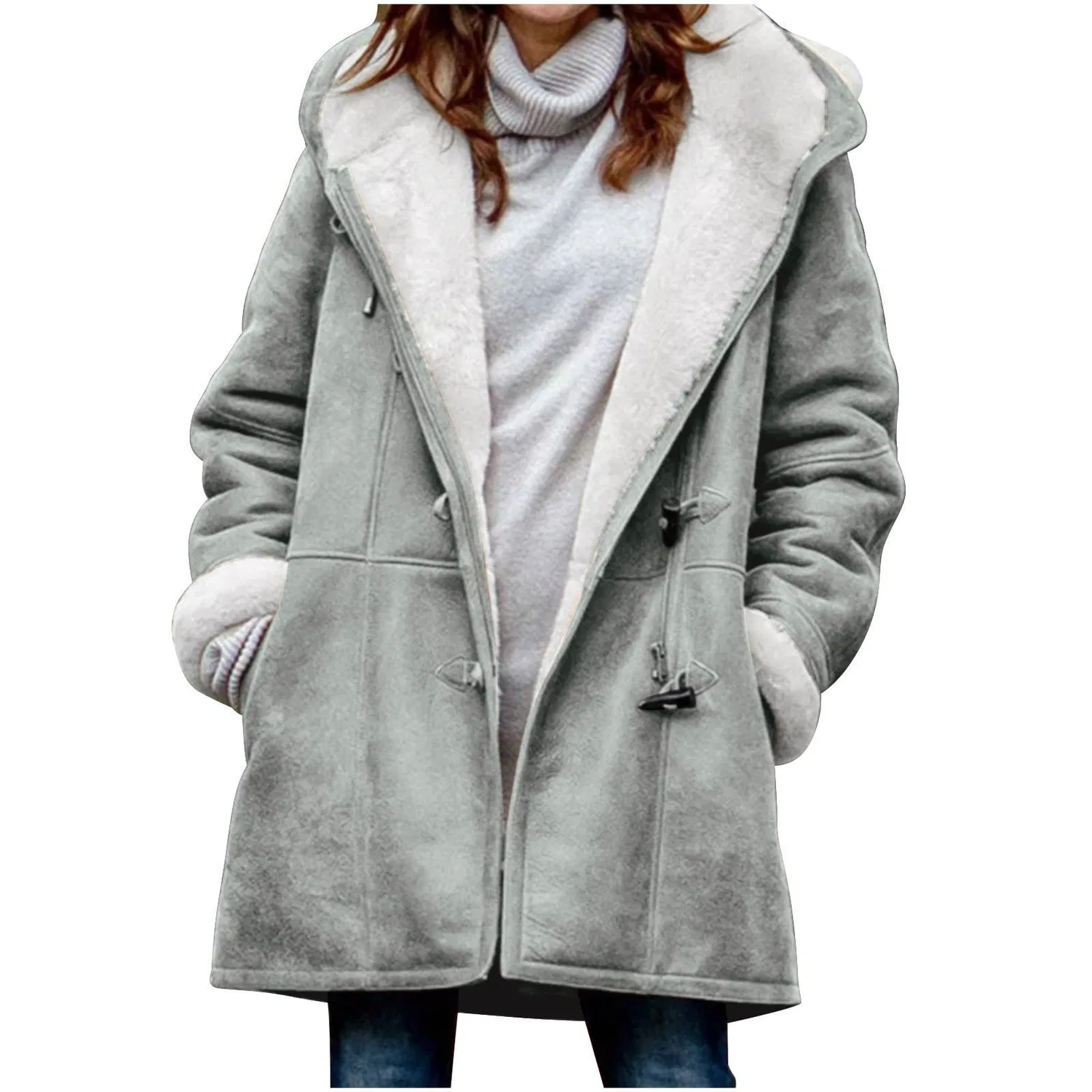 Женская куртка из флиса с капюшоном и роговыми пуговицами, 03 Grigio