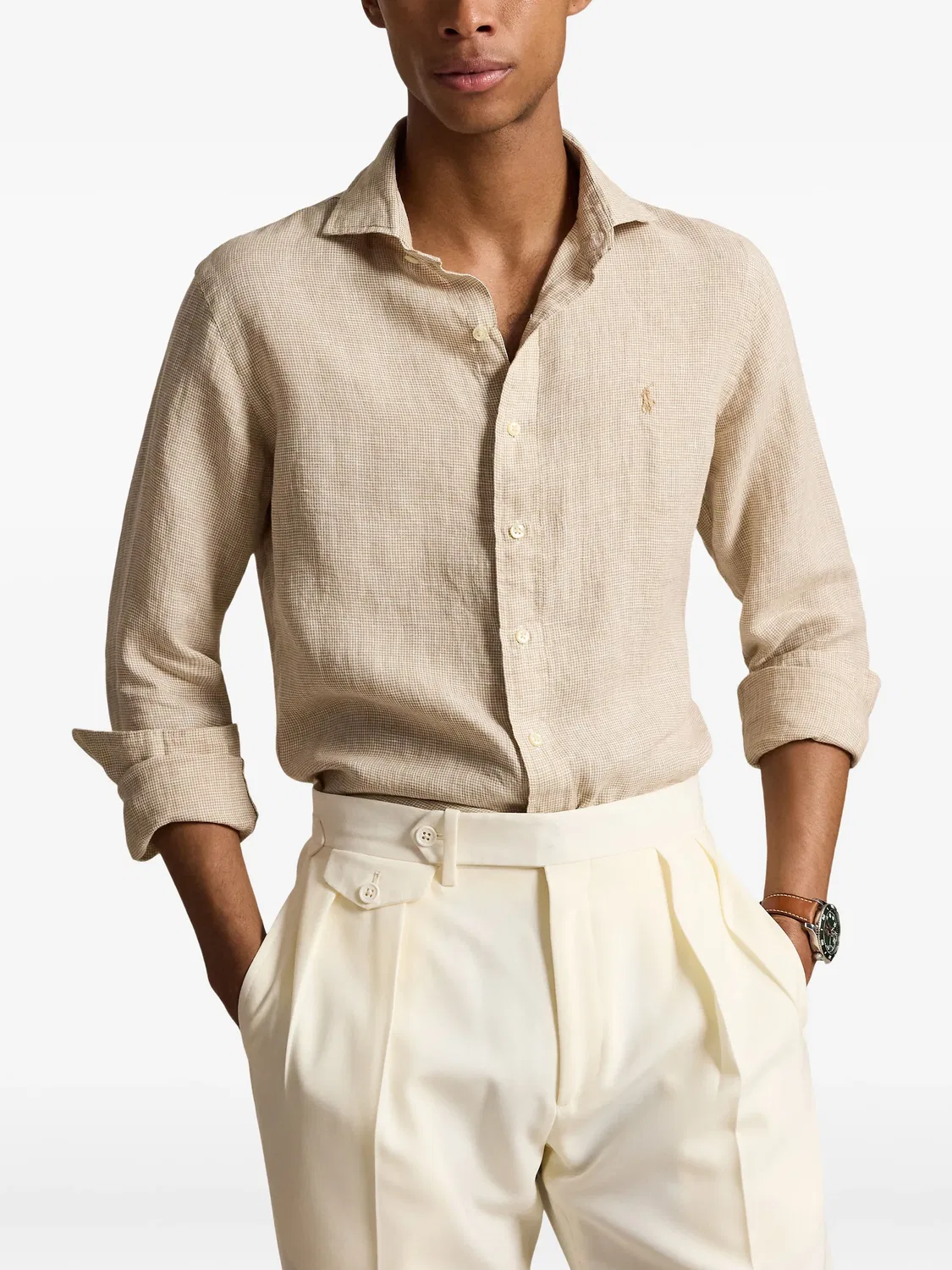 Рубашка из льна с вышитым логотипом Polo Ralph Lauren, нейтральные — фото 2