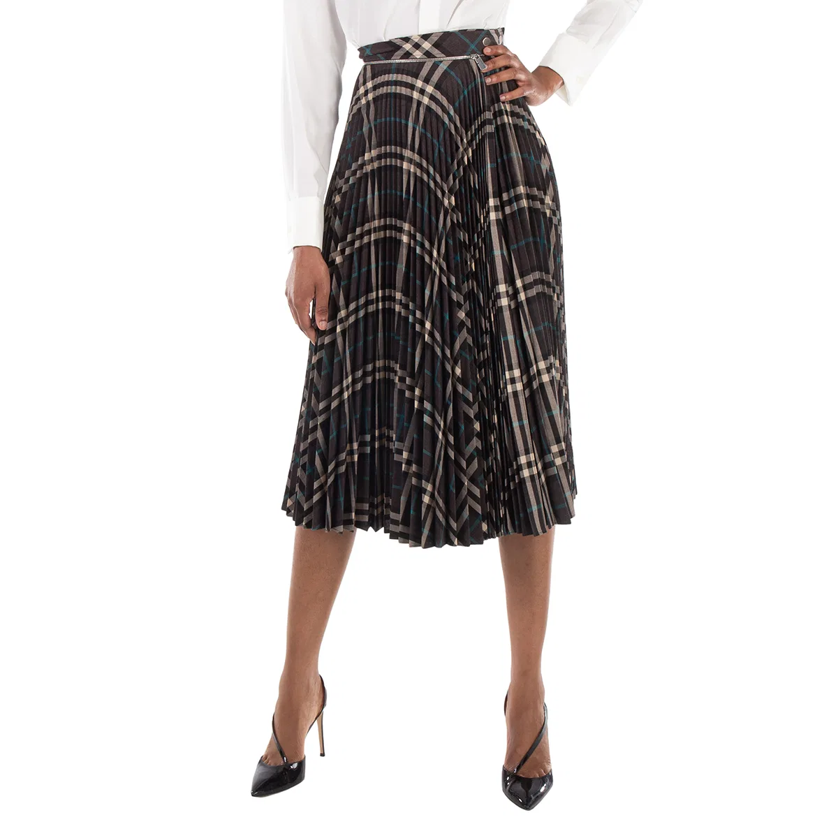 Юбка шерстяная в клетку с плиссировкой и молнией Checkered Pleated Zip-Detailed Wool Skirt Burberry, Snug Ip Check