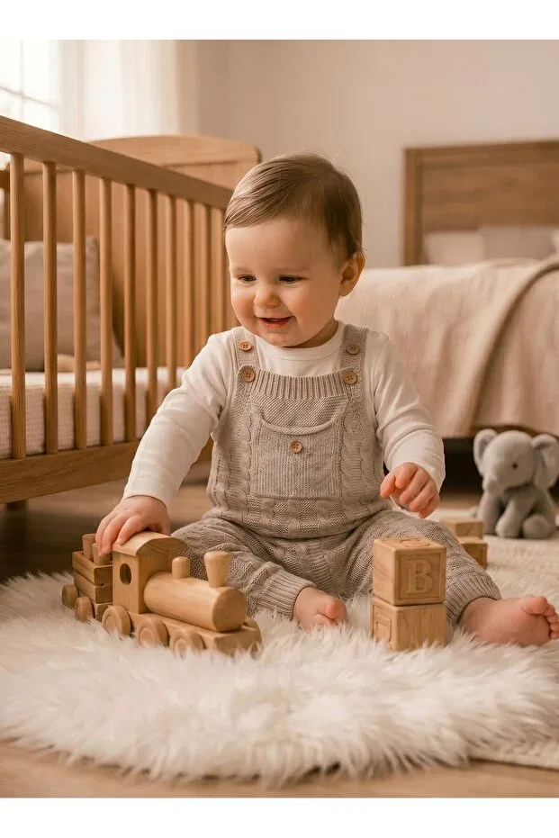 Детский комбинезон для девочек вязаный с принтом Hair Braided Pocketed Knitwear Baby Salopet Jumpsuit Combed Cotton Gift Set Nio Lua, Beige — фото 3