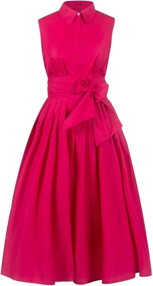 Женское платье-трапеция с поясом-бантом, Summer Lapel Sleeveless Bow Belt A-Line Maxi Dress, розовый — фото 4