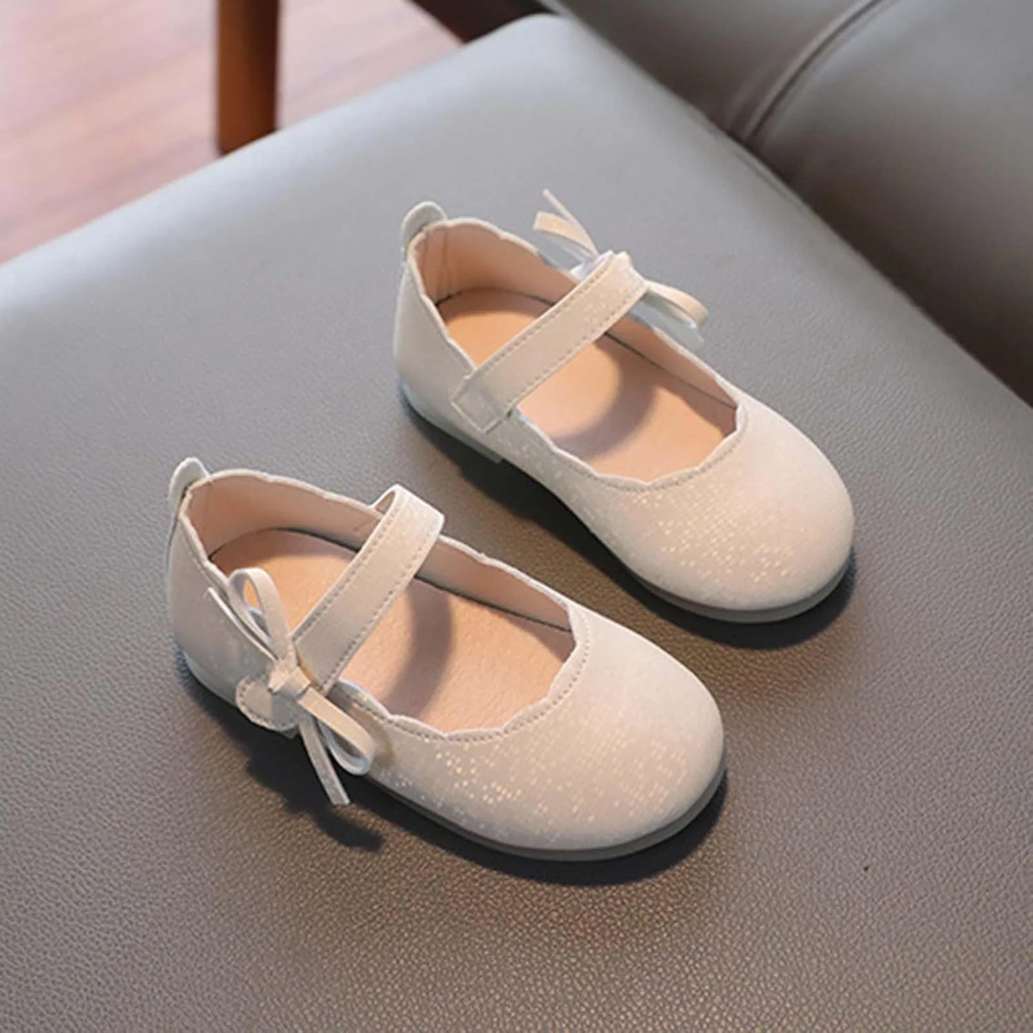 Детские туфли для девочек с боковым бантом Мэри Джейн, Beige — фото 3