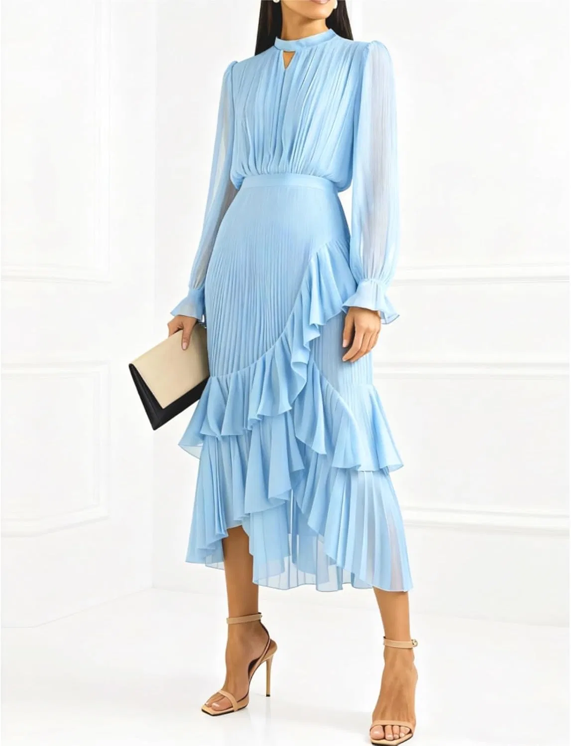 Женское облегающее платье миди с воланами, Light Blue — фото 4