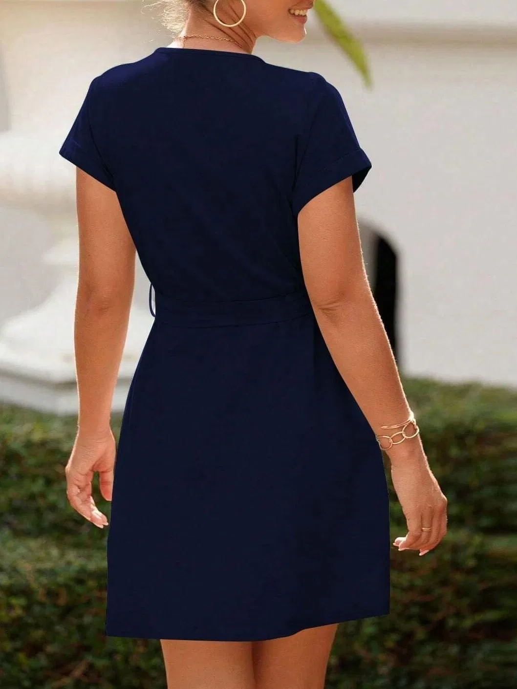 Женское повседневное A-силуэта платье с поясом, Navy Blue — фото 3
