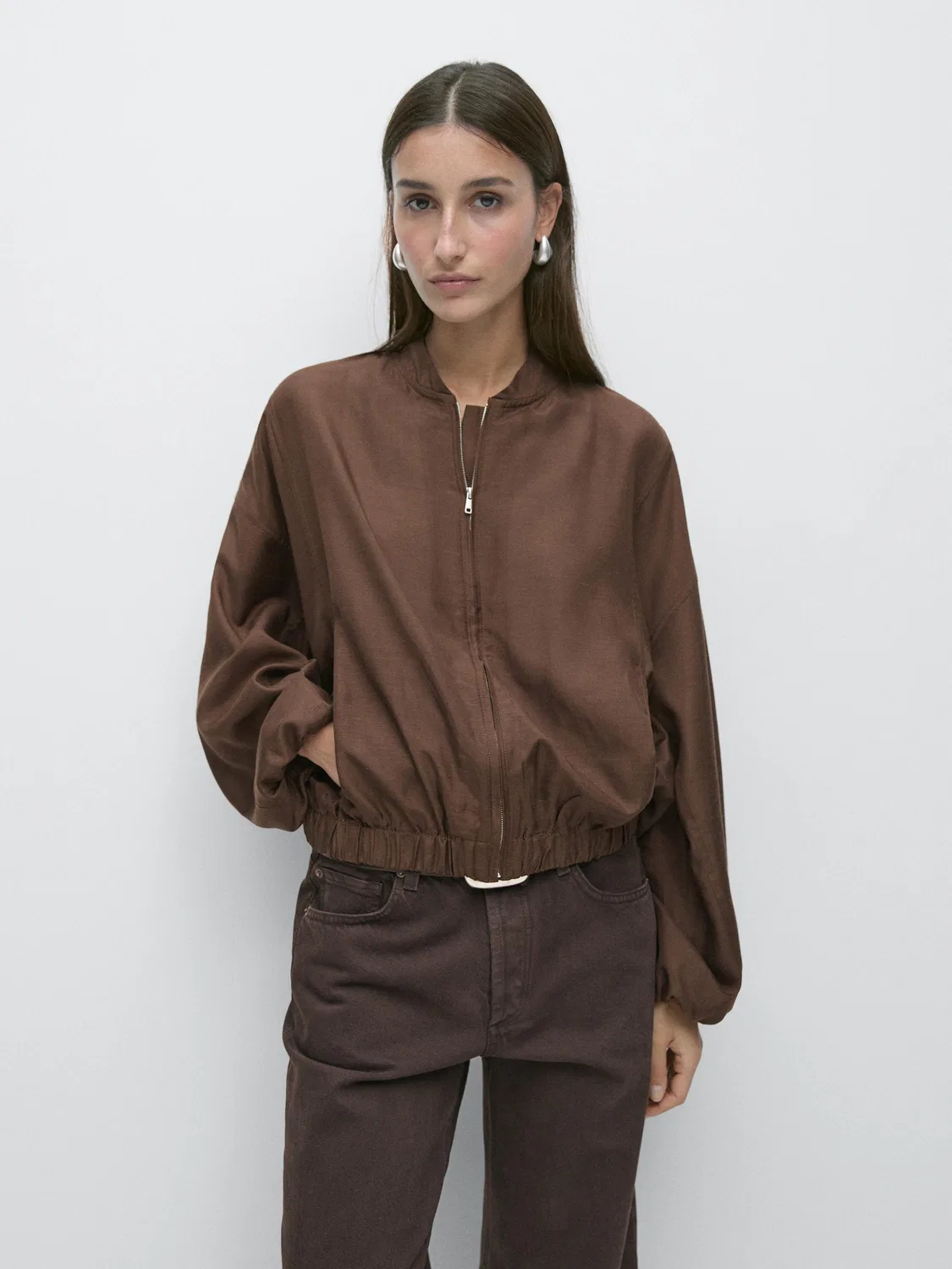 Свободная куртка-бомбер Massimo Dutti, коричневый — фото 4