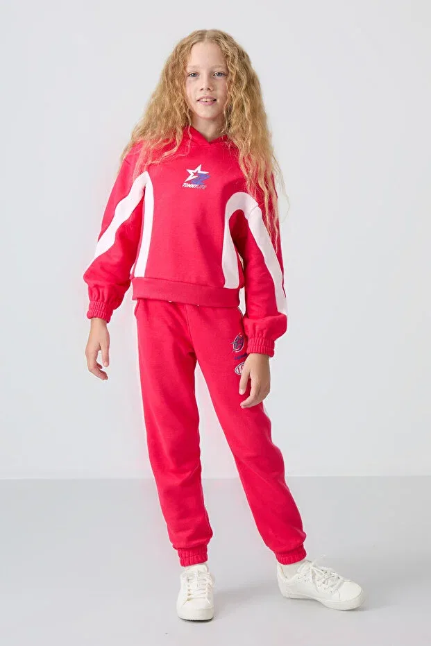 Детский спортивный костюм для девочек с принтом Viva Red Cotton Inside Hairy Soft Textured Standard Fit Printed Tommy Life, Viva Red-Viva Red
