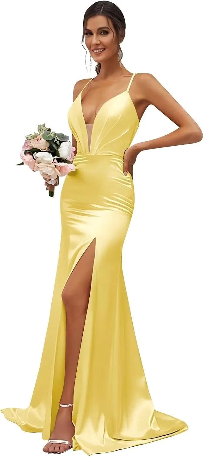 Женское вечернее платье-майка с разрезом Bodycon Satin, Yellow