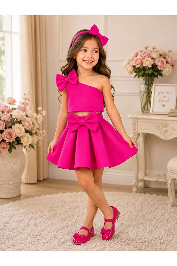 Детское платье для девочек с принтом Skirt crop and bandana combination Tunay Moda, Pink