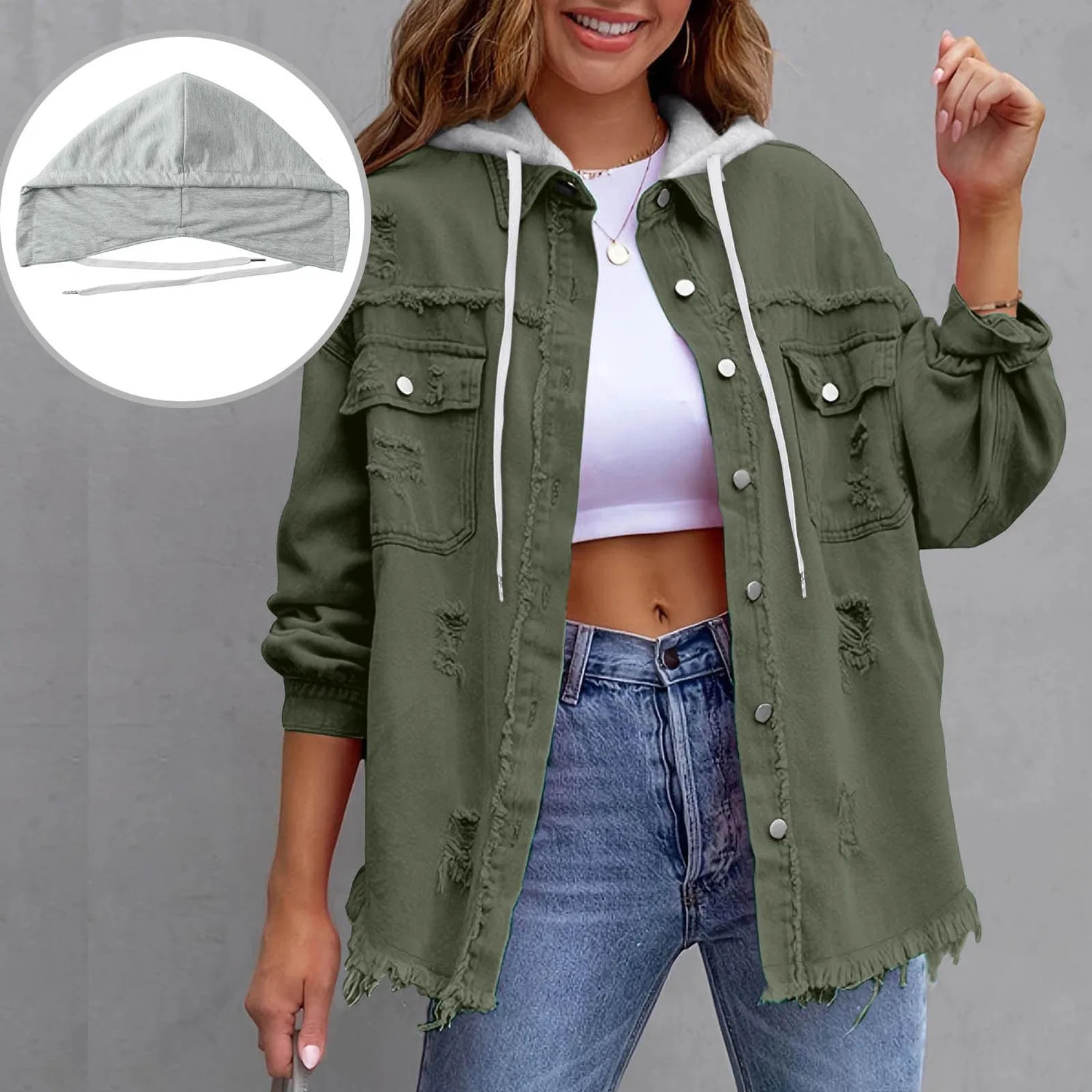 Женская джинсовая куртка с капюшоном, с длинным рукавом, с принтом, oversize, с рваным краем, Verde militare — фото 2