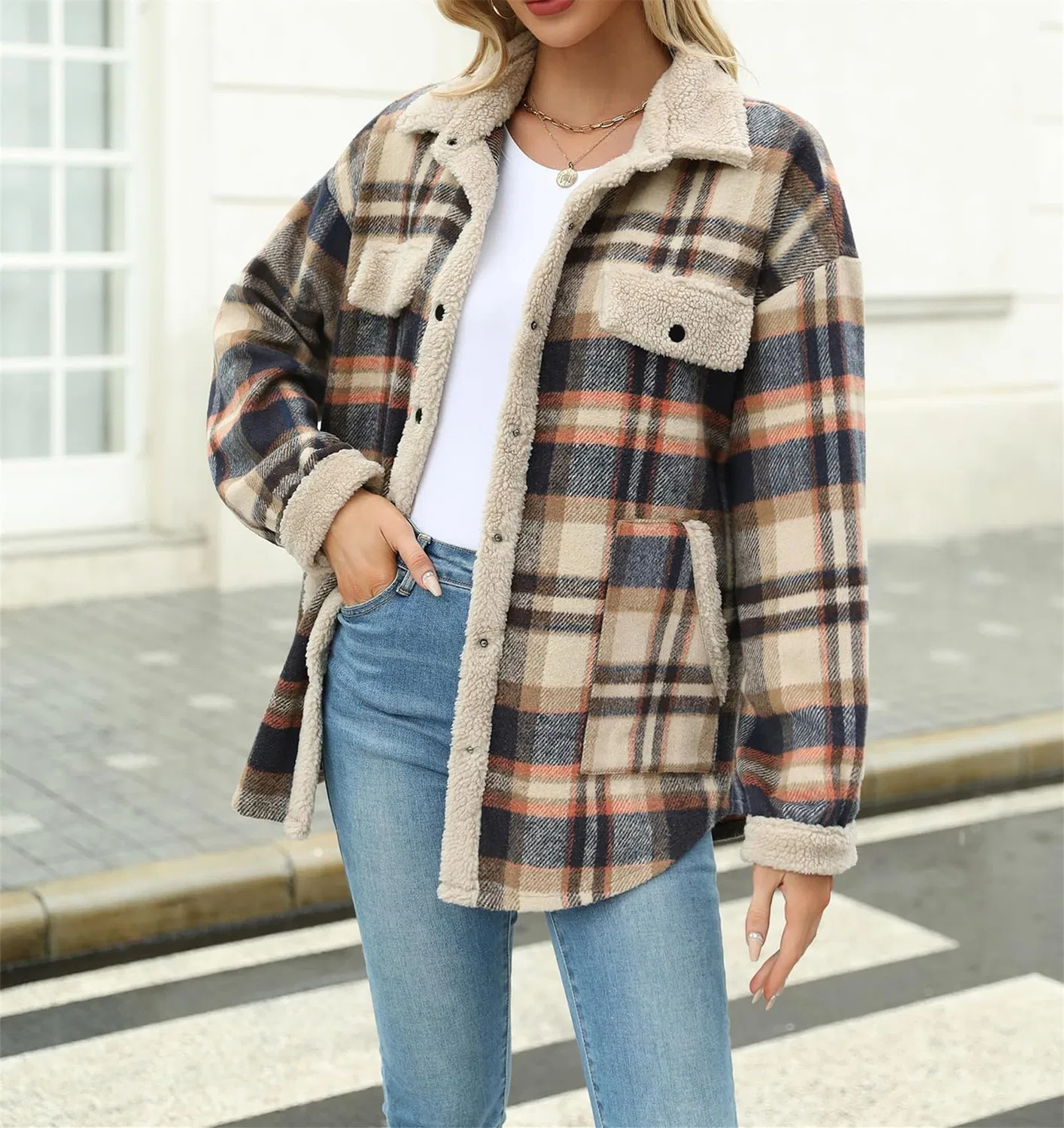 Женское пальто с принтом в клетку Oversized Long Sleeve Coat, Grigio-blu — фото 3