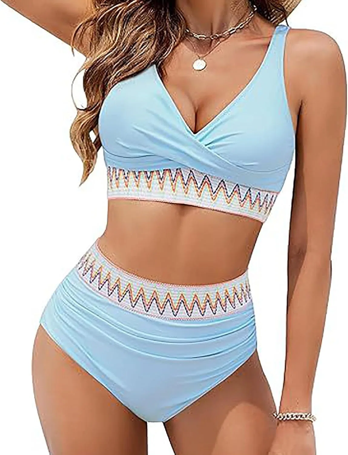 Женский бикини-сет с утяжкой V-образным вырезом Retro Swimwear, Light Blue