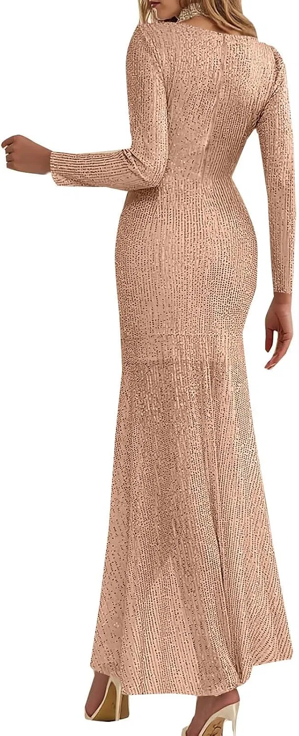 Вечернее платье с пайетками русалка с длинным рукавом, Rose Gold — фото 2