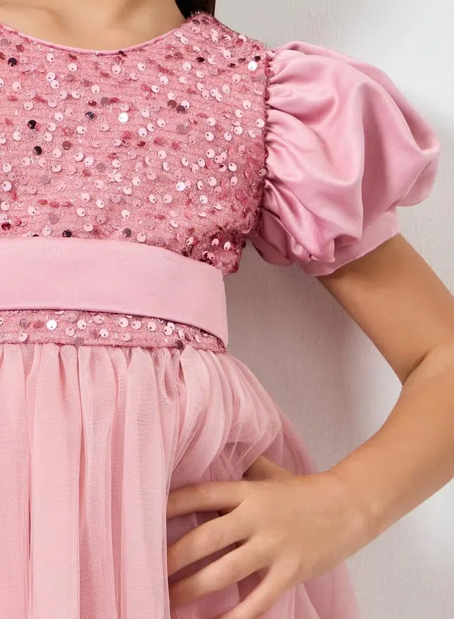 Платье-трапеция с блестками и пышными рукавами Take Two, розовый — фото 3