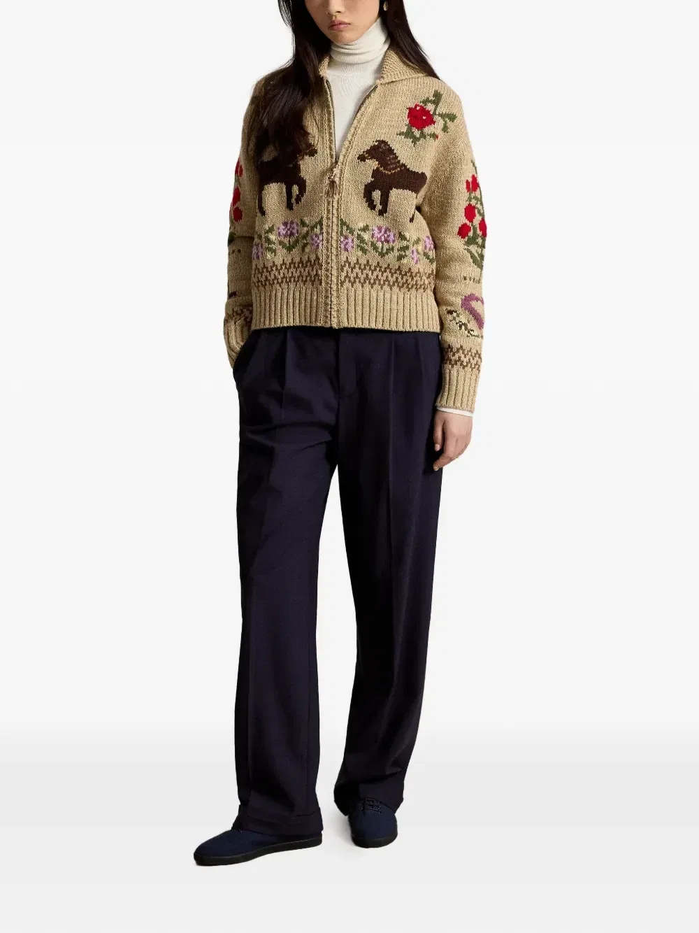 Кардиган вязки интарсия с воротником-шалькой Polo Ralph Lauren, бежевый — фото 2