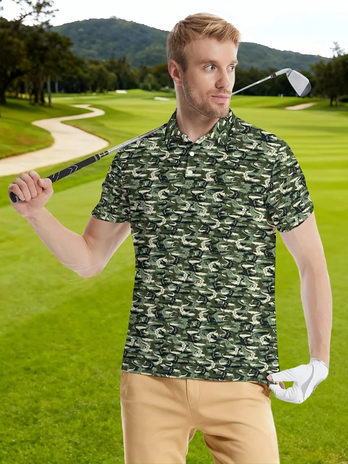Мужская спортивная футболка-поло с коротким рукавом, модель Golf Polos, Camo Crocodile — фото 3
