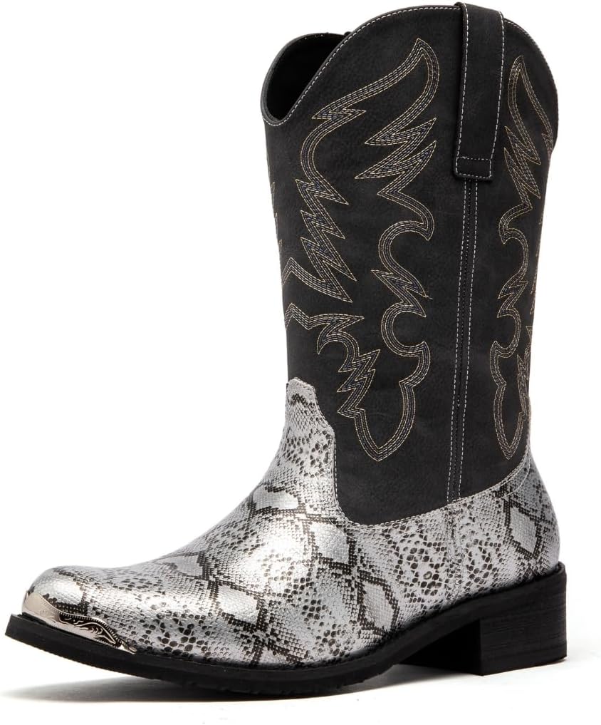 

Мужские полусапоги Hawecobo Monty с заостренным носком, на растяжке, повседневные джекбуты до середины голени, вестерн-ковбойские сапоги с принтом под змею, вышитый голенище, Silvery