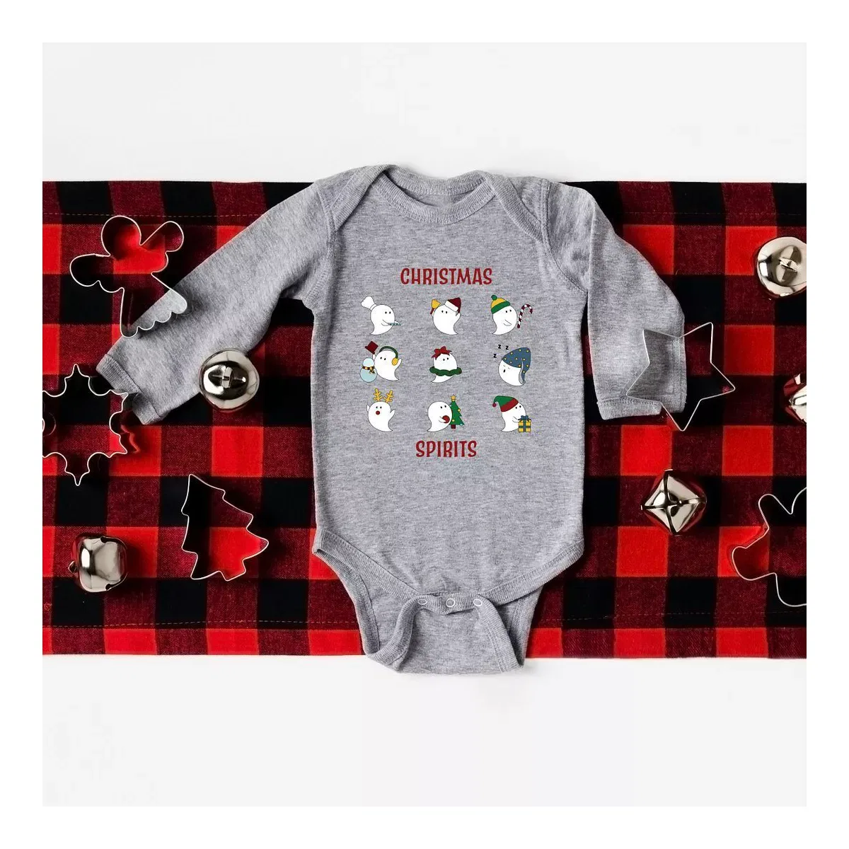 Детский боди с длинным рукавом Christmas Spirits Red Words The Juniper Shop, Heather Grey — фото 2