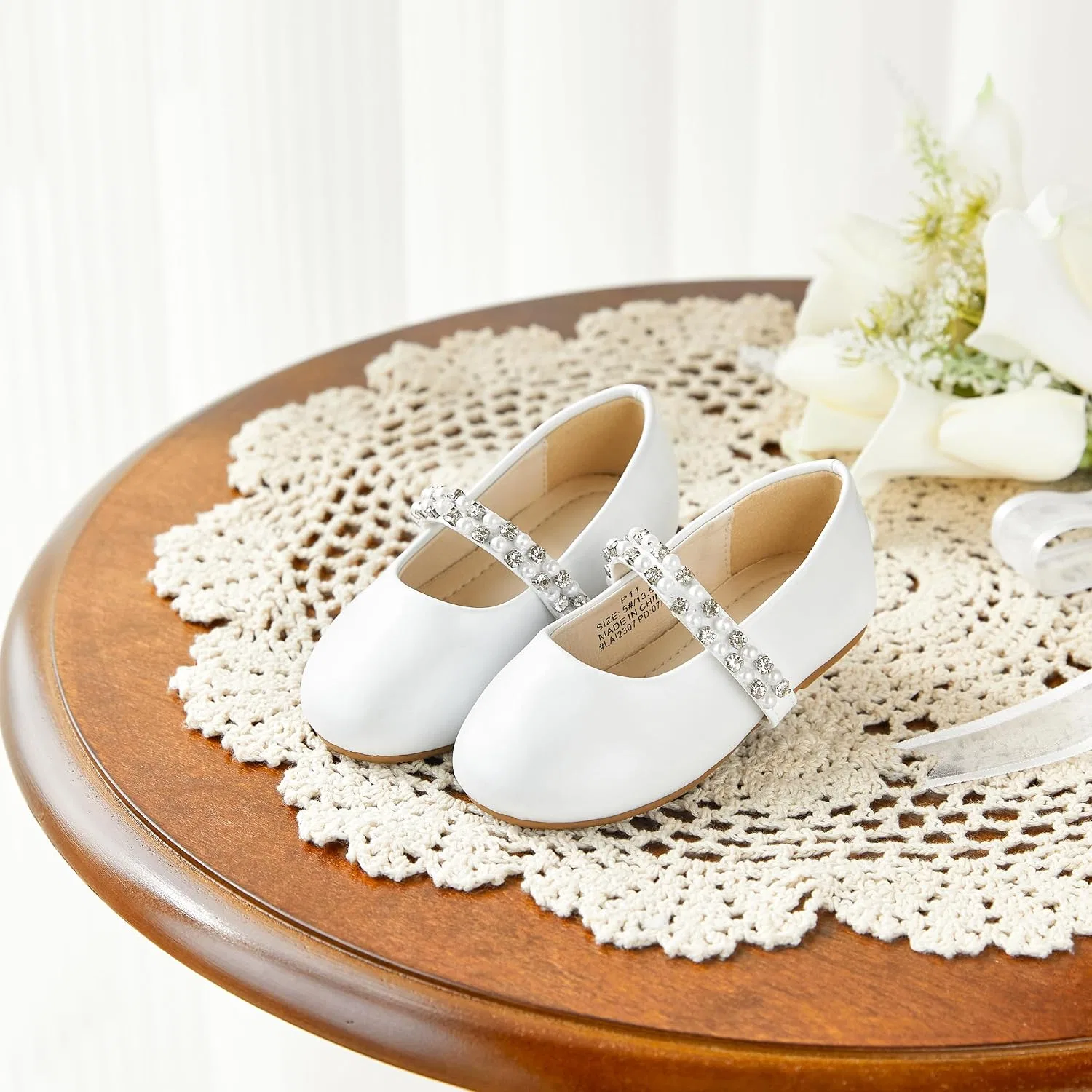 Детские балетки для девочек с цветочным принтом PHIRAMIN, White Faux Leather — фото 3