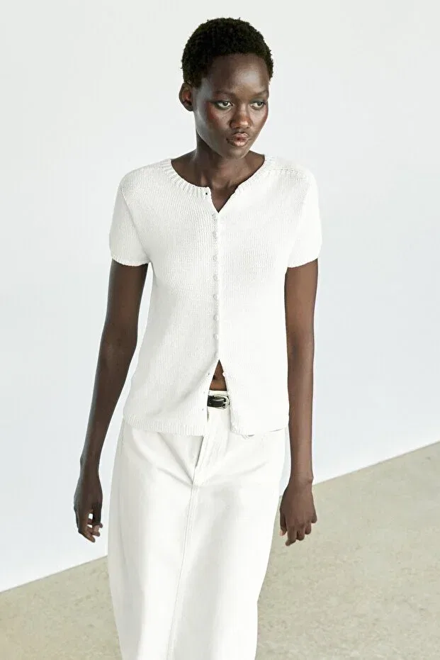 Женский кардиган из хлопка и шелка Massimo Dutti, White — фото 2