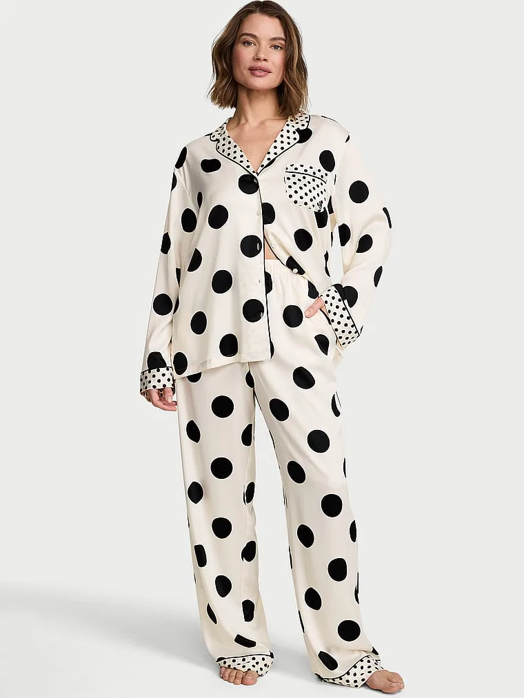 Фирменный атласный длинный пижамный комплект Victoria'S Secret, Signature Satin Tan & Black Dots