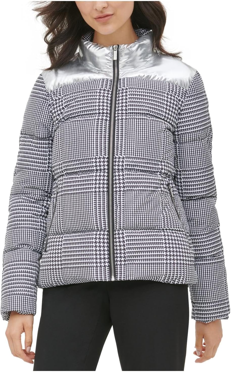 

Женская стеганая куртка Calvin Klein Glen Plaid с серебристым оттенком, Glen Plaid