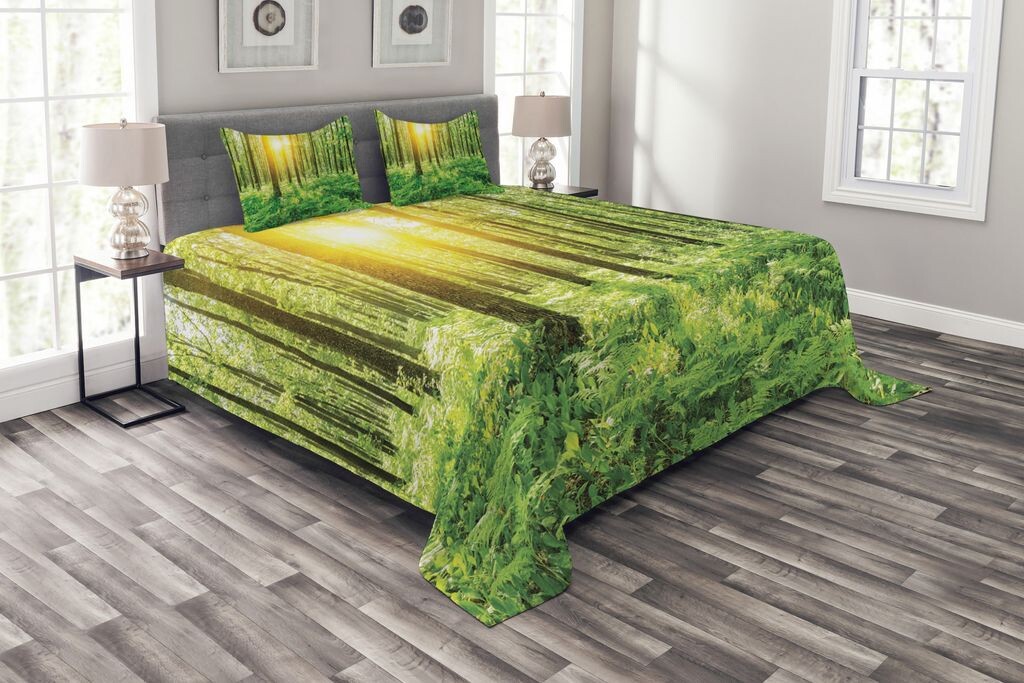 

ABAKUHAUS Spring Комплект покрывала, Natural Leaves Natural, комплект с моющимися наволочками, для односпальных кроватей 220 x 220 см, желто-зеленый
