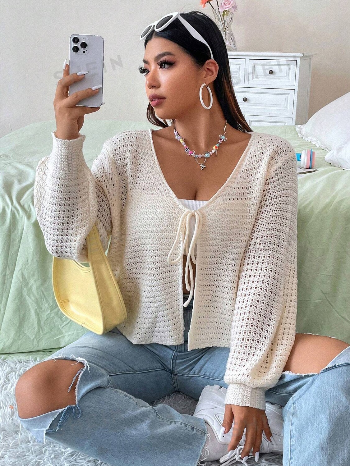 

EZwear Plus Кардиган, бант спереди, рукава-фонарики Shein, абрикосовый