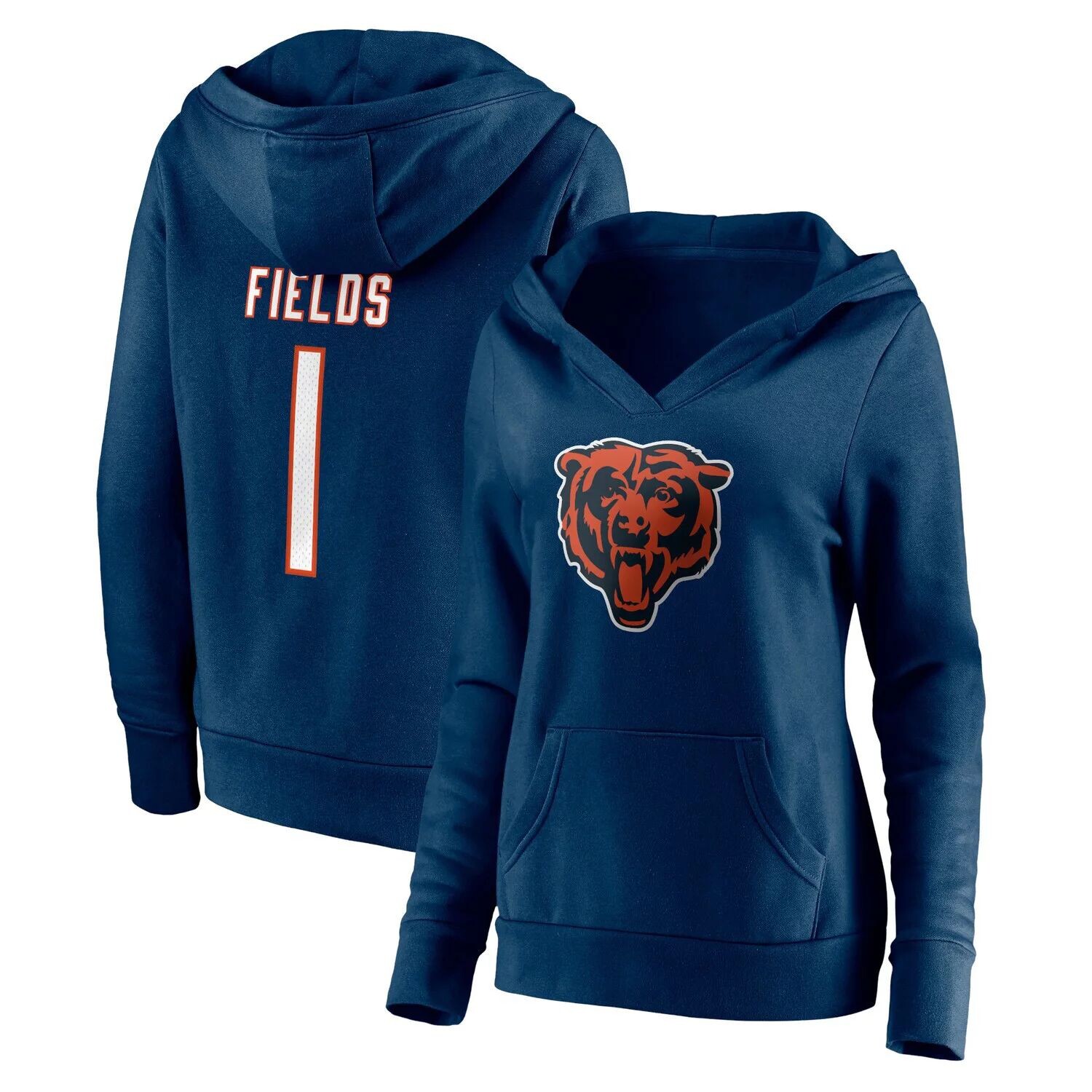 

Женская толстовка с капюшоном и логотипом Fanatics Justin Fields Navy Chicago Bears со значком игрока, имя и номер, пуловер с v-образным вырезом Fanatics