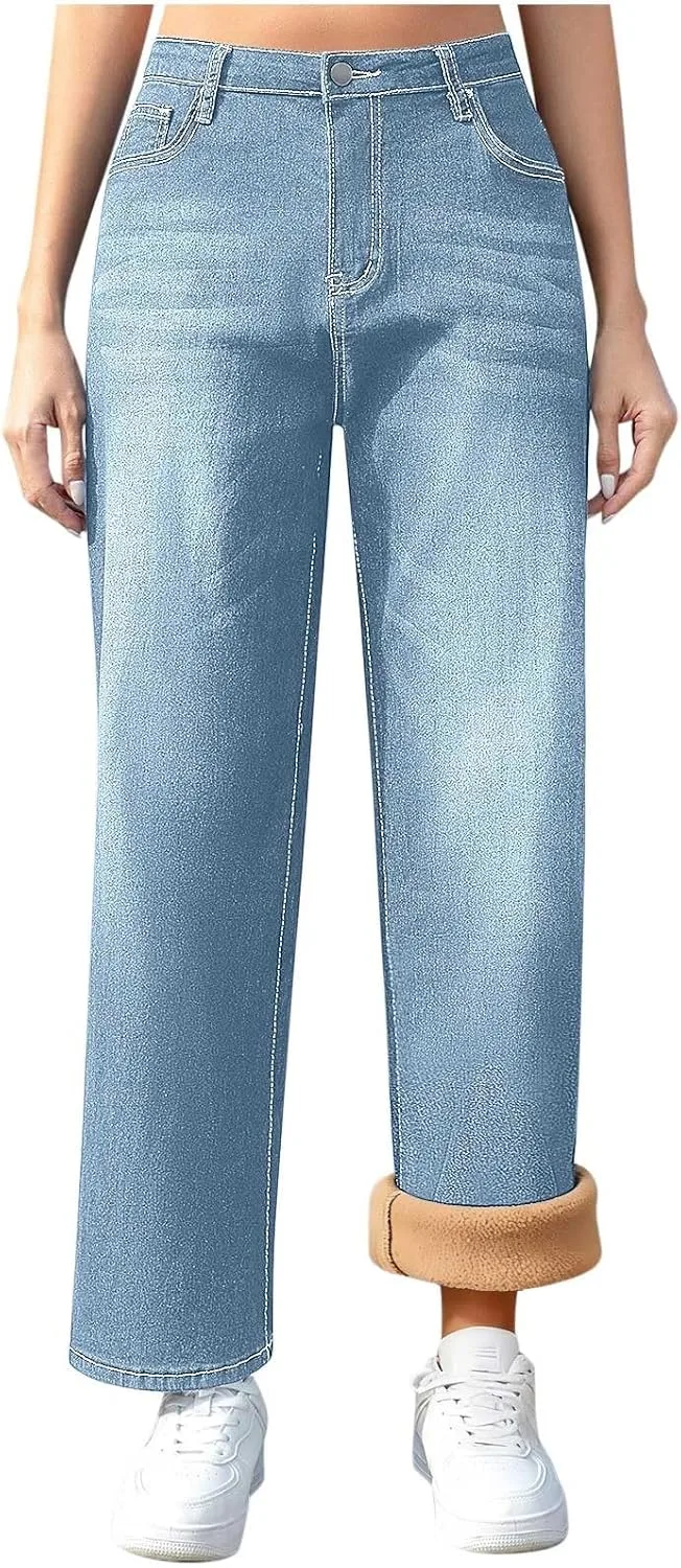 

Джинсы для женщин зимние с флисовой подкладкой High Waisted Wide Leg