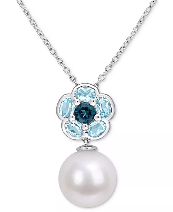 

Ожерелье с подвеской 18 дюймов из стерлингового серебра с культивированным пресноводным жемчугом (11 мм) и голубым топазом (1-3/5 карата) Macy'S, silver